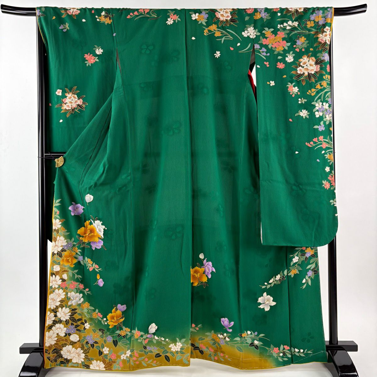 振袖禮服 身長166cm 袖長67cm M 雙層 草花紋紋 地紋 金絲 金銀彩 綠 純蠶絲 秀品級