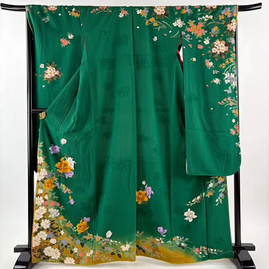 振袖禮服 身長166cm 袖長67cm M 雙層 草花紋紋 地紋 金絲 金銀彩 綠 純蠶絲 秀品級