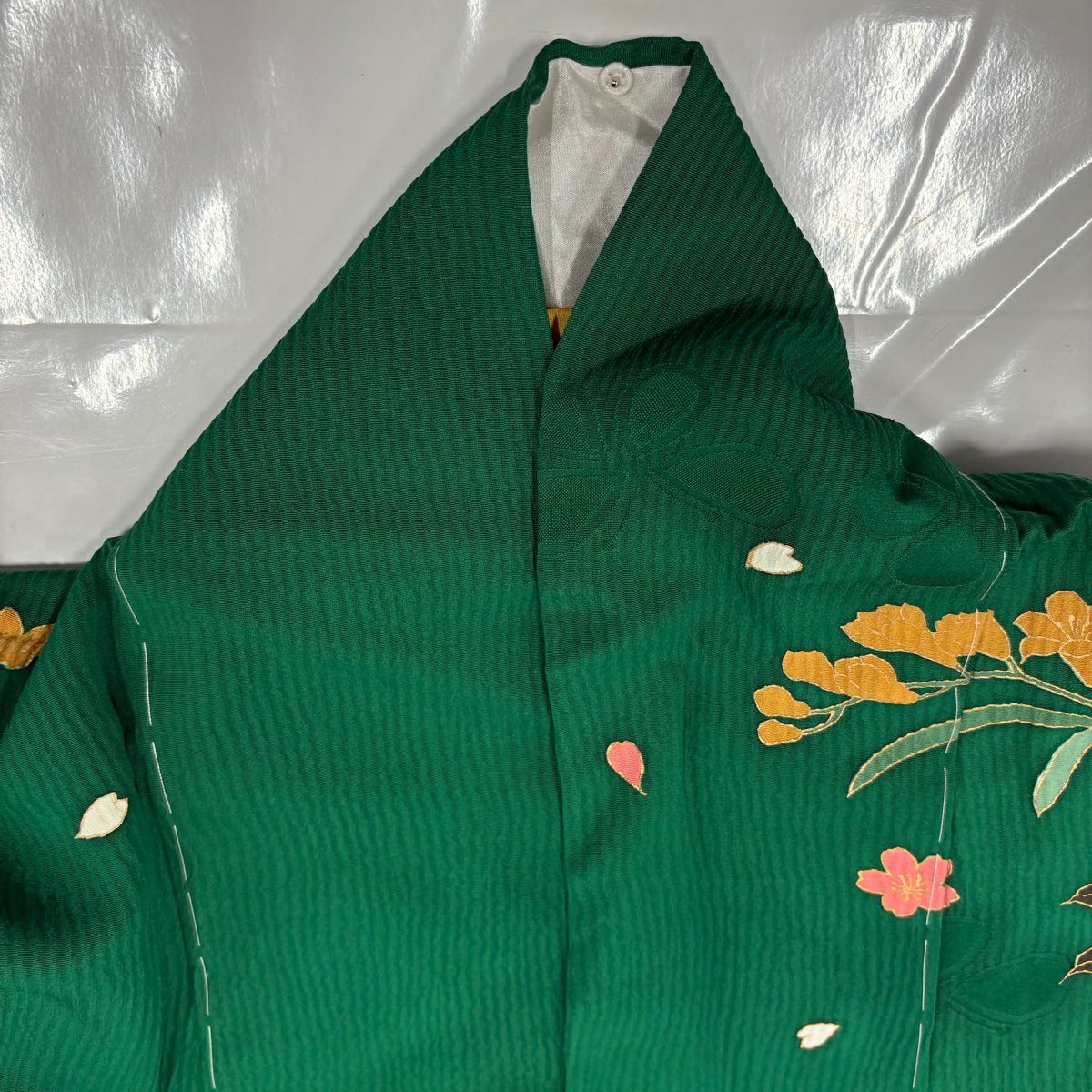 振袖禮服 身長166cm 袖長67cm M 雙層 草花紋紋 地紋 金絲 金銀彩 綠 純蠶絲 秀品級