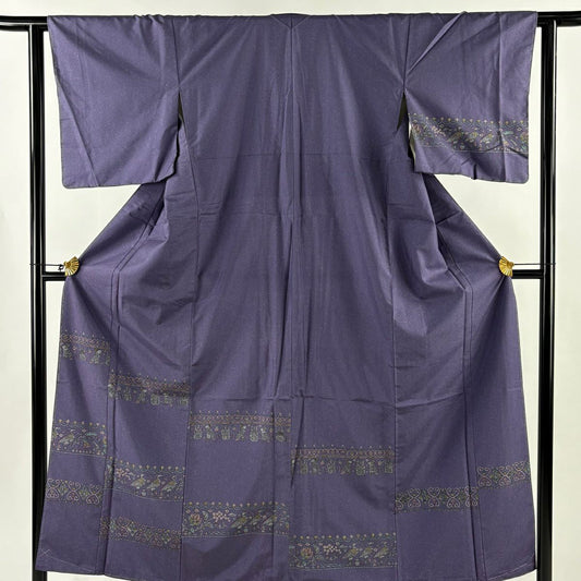 【美品】 付下 身長152.5cm 袖長62cm S 雙層 紬織織 鳥 草花紋 紫 純蠶絲 秀品級