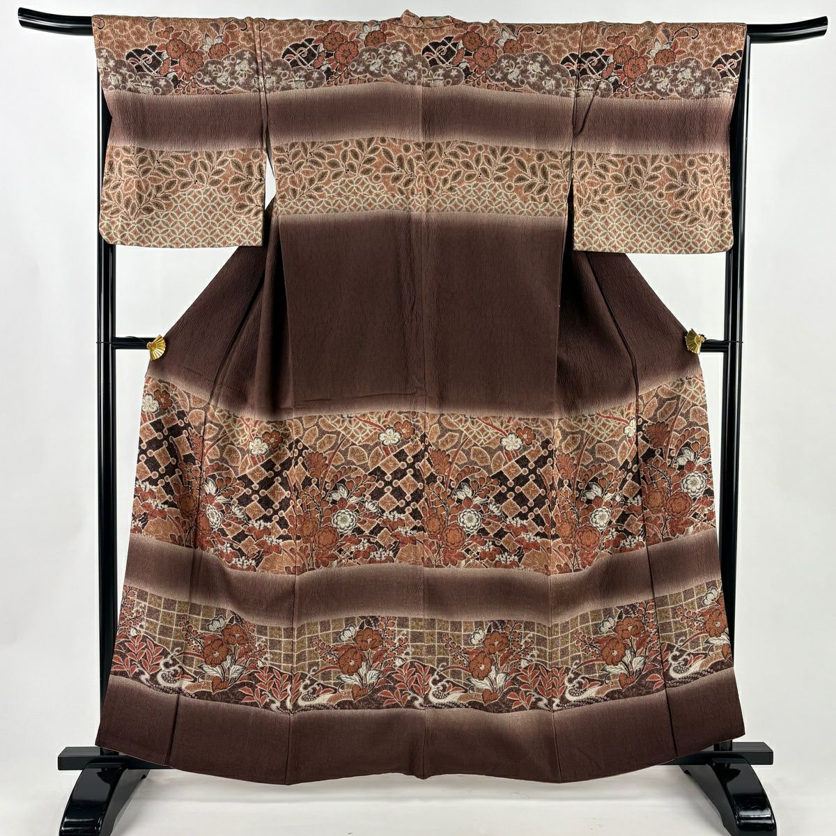 訪問服 身長161cm 袖長67cm M 雙層 草花紋紋 扇子面 金銀彩 漸層 茶紫 純蠶絲 優品級