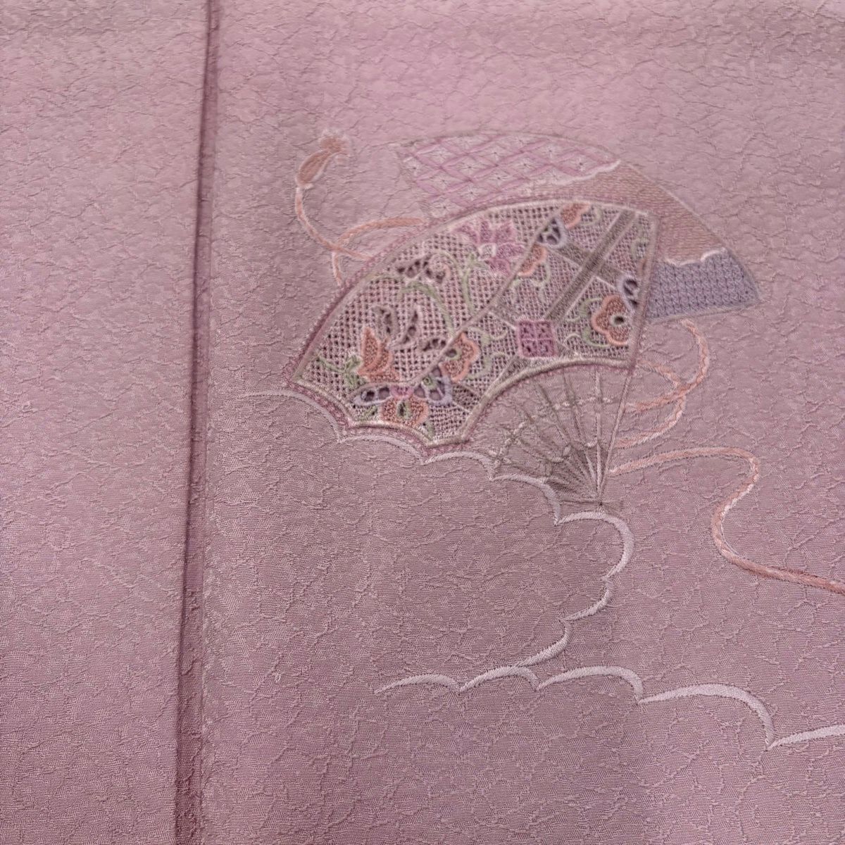 付下 身長157.5cm 袖長65cm M 雙層 扇子 雲紋 刺繡 漸層 薄紫 純蠶絲 秀品級 一個紋