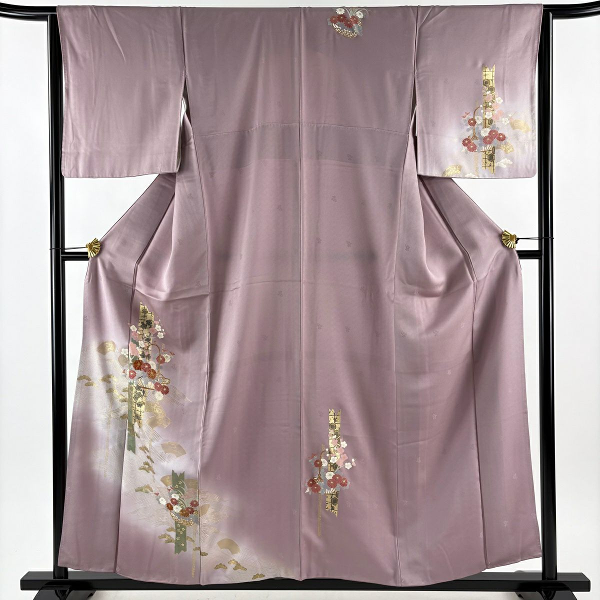 付下 身長157.5cm 袖長64cm M 雙層 花籠 波 金銀彩 漸層 灰紫 純蠶絲 優品級