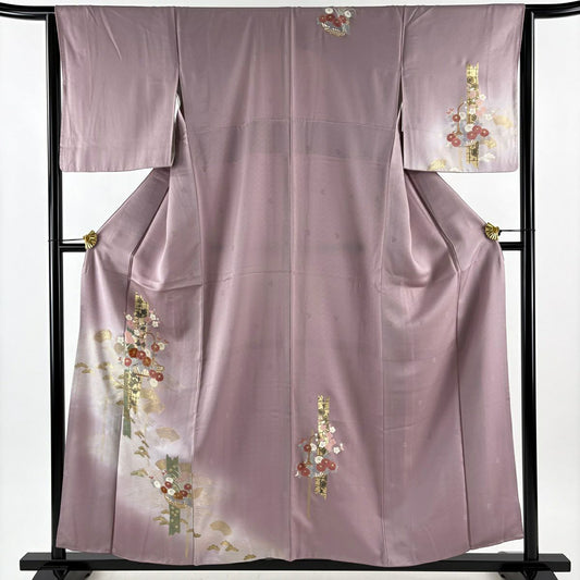 付下 身長157.5cm 袖長64cm M 雙層 花籠 波 金銀彩 漸層 灰紫 純蠶絲 優品級