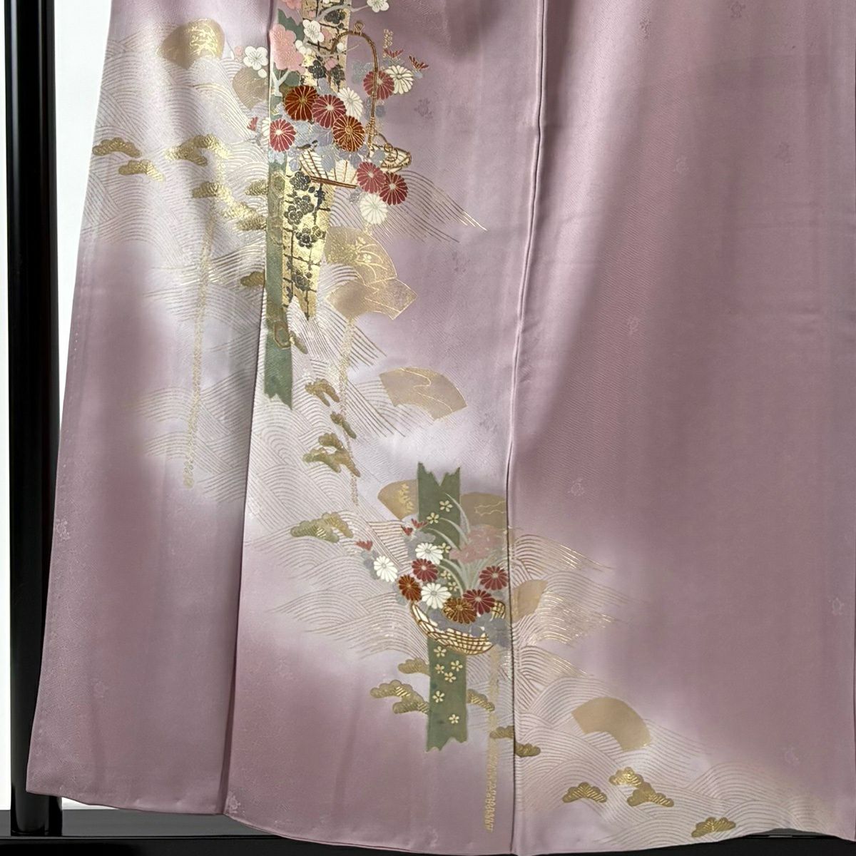 付下 身長157.5cm 袖長64cm M 雙層 花籠 波 金銀彩 漸層 灰紫 純蠶絲 優品級