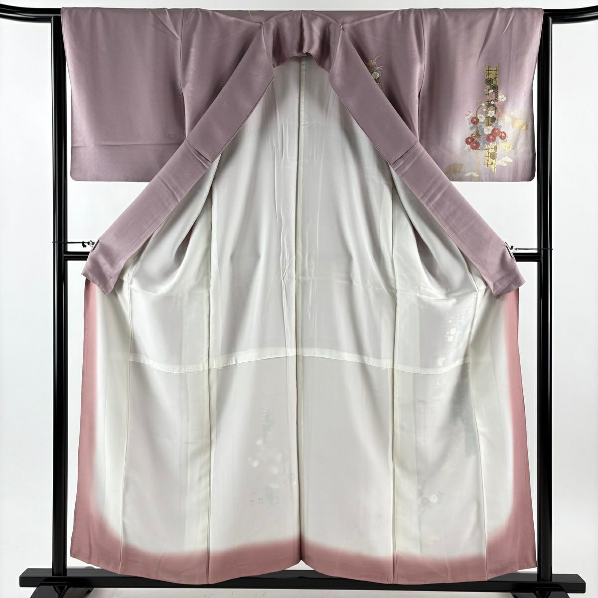 付下 身長157.5cm 袖長64cm M 雙層 花籠 波 金銀彩 漸層 灰紫 純蠶絲 優品級