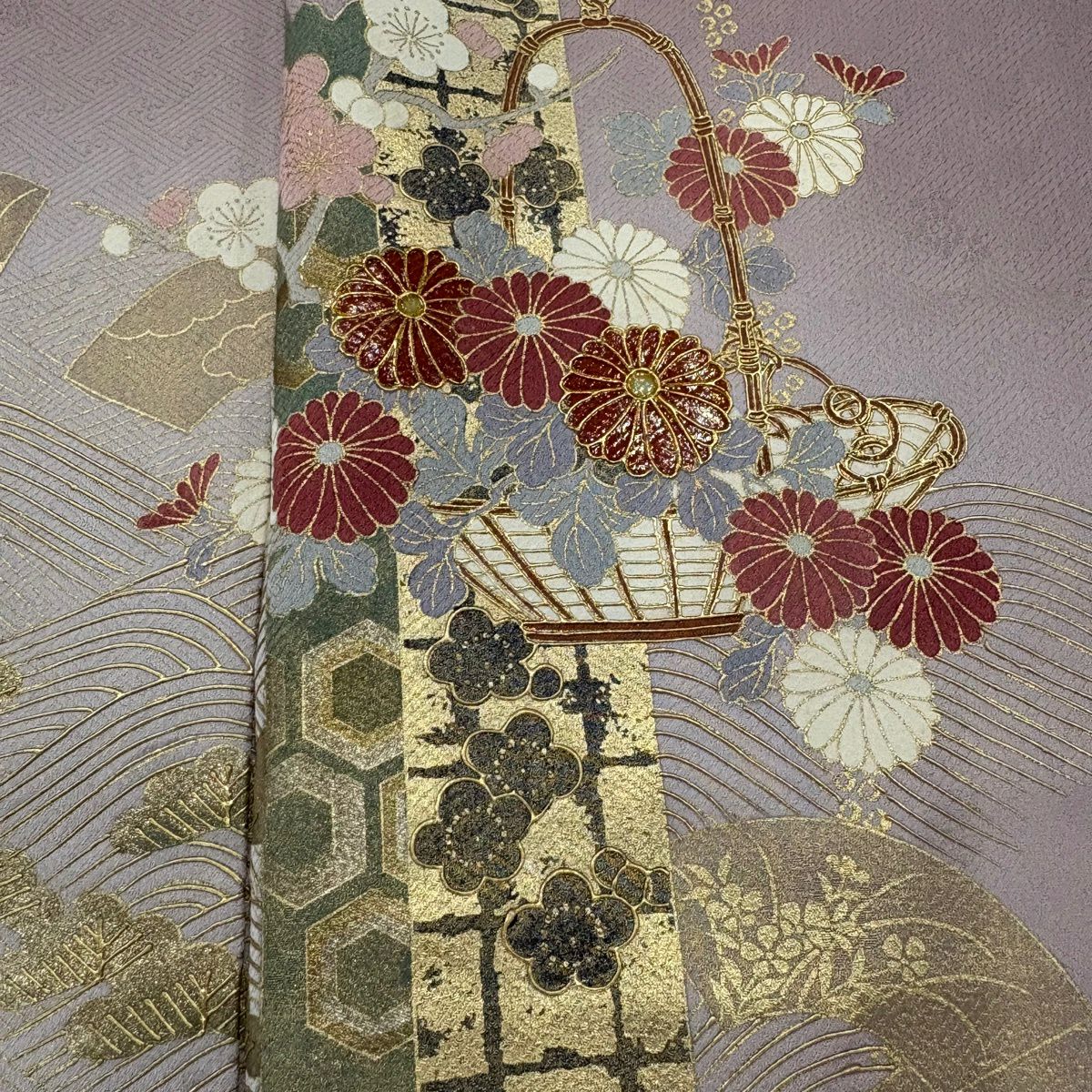 付下 身長157.5cm 袖長64cm M 雙層 花籠 波 金銀彩 漸層 灰紫 純蠶絲 優品級