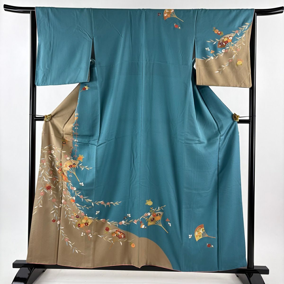 訪問服 身長158.5cm 袖長65cm M 雙層 扇子 草花紋紋 金銀彩 染分 青綠 純蠶絲 秀品級