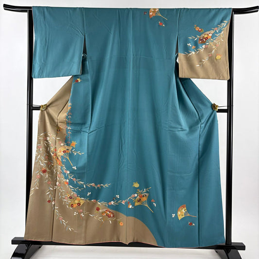 訪問服 身長158.5cm 袖長65cm M 雙層 扇子 草花紋紋 金銀彩 染分 青綠 純蠶絲 秀品級