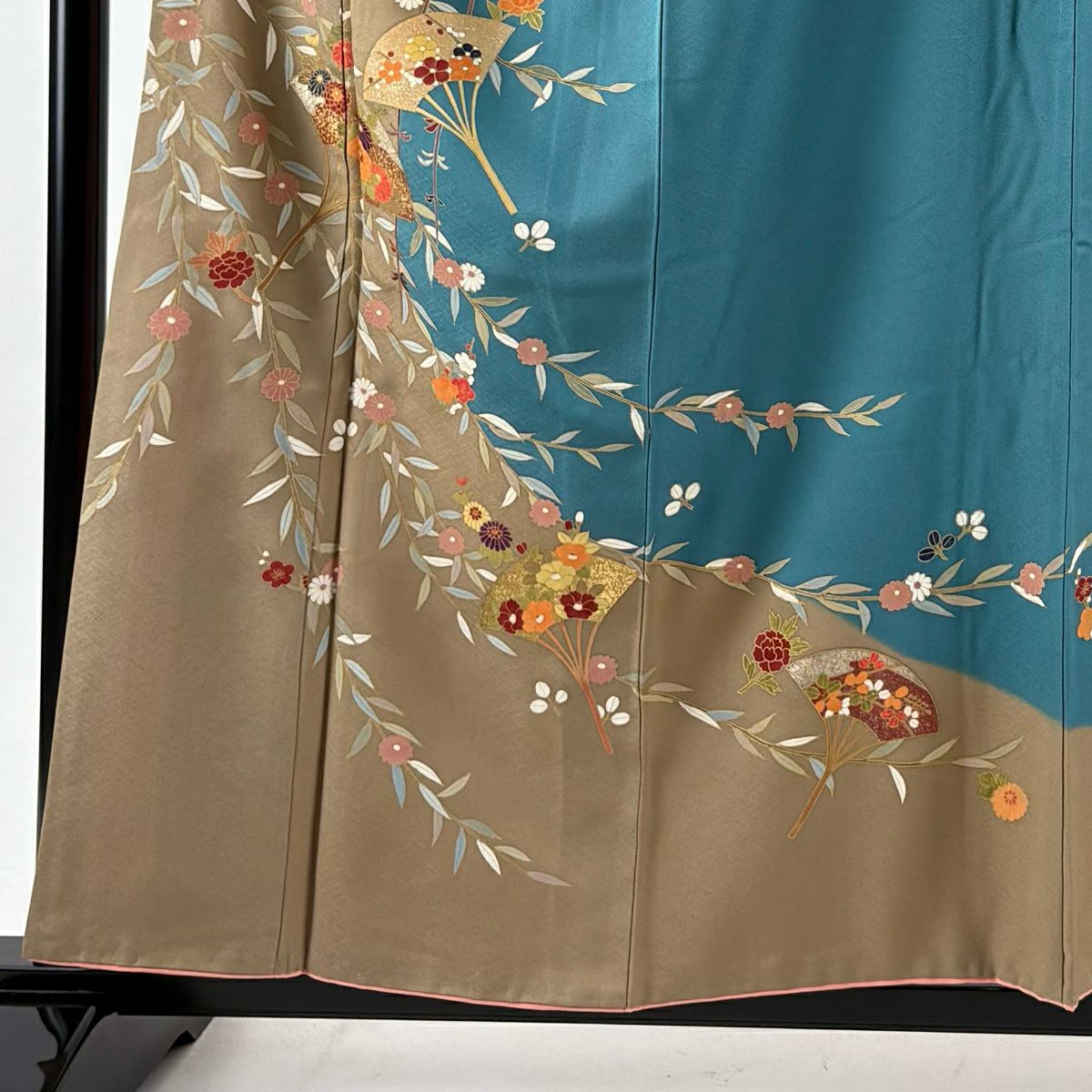 訪問服 身長158.5cm 袖長65cm M 雙層 扇子 草花紋紋 金銀彩 染分 青綠 純蠶絲 秀品級