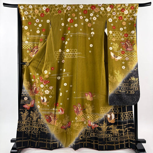 振袖禮服 身長167cm 袖長67cm M 雙層 蝶 梅花 金銀彩 金絲 黃土 純蠶絲 秀品級
