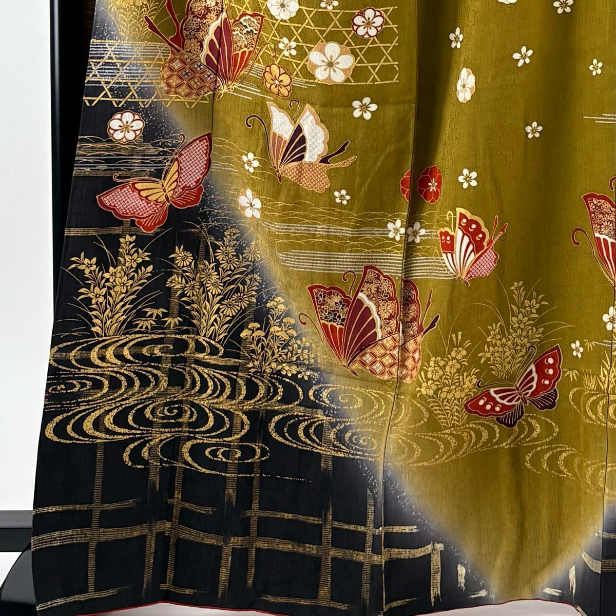 振袖禮服 身長167cm 袖長67cm M 雙層 蝶 梅花 金銀彩 金絲 黃土 純蠶絲 秀品級