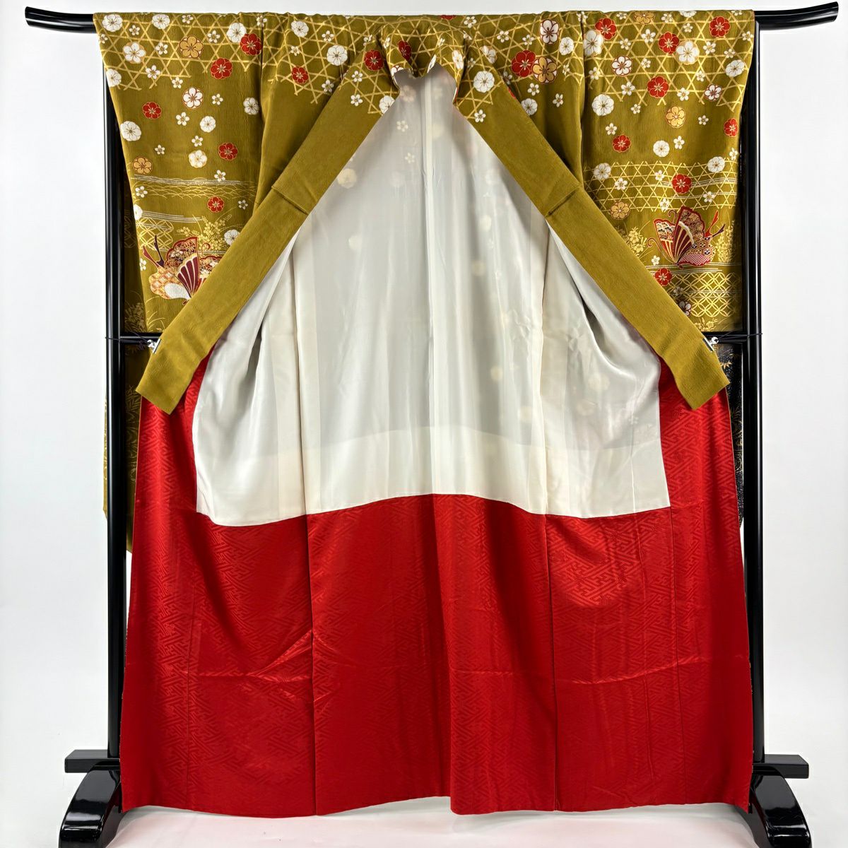 振袖禮服 身長167cm 袖長67cm M 雙層 蝶 梅花 金銀彩 金絲 黃土 純蠶絲 秀品級