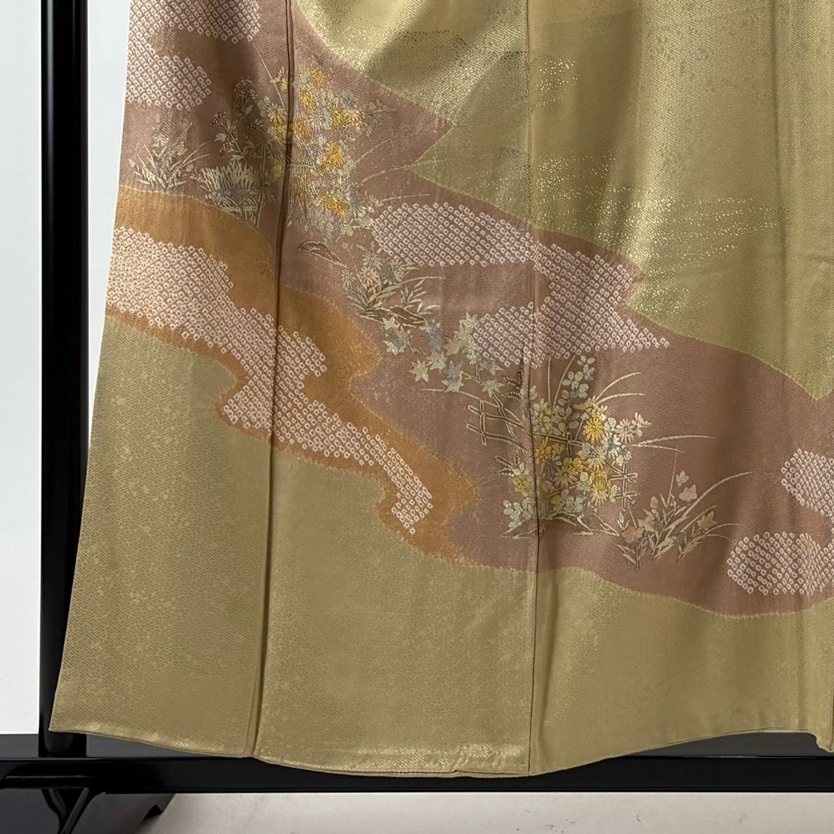 訪問服 身長156cm 袖長63cm S 雙層 草花紋紋 霞 金彩裝飾 絞染 米色 純蠶絲 優品級