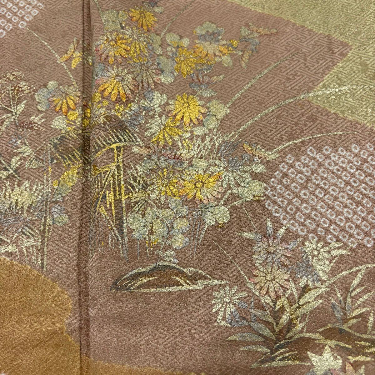 訪問服 身長156cm 袖長63cm S 雙層 草花紋紋 霞 金彩裝飾 絞染 米色 純蠶絲 優品級