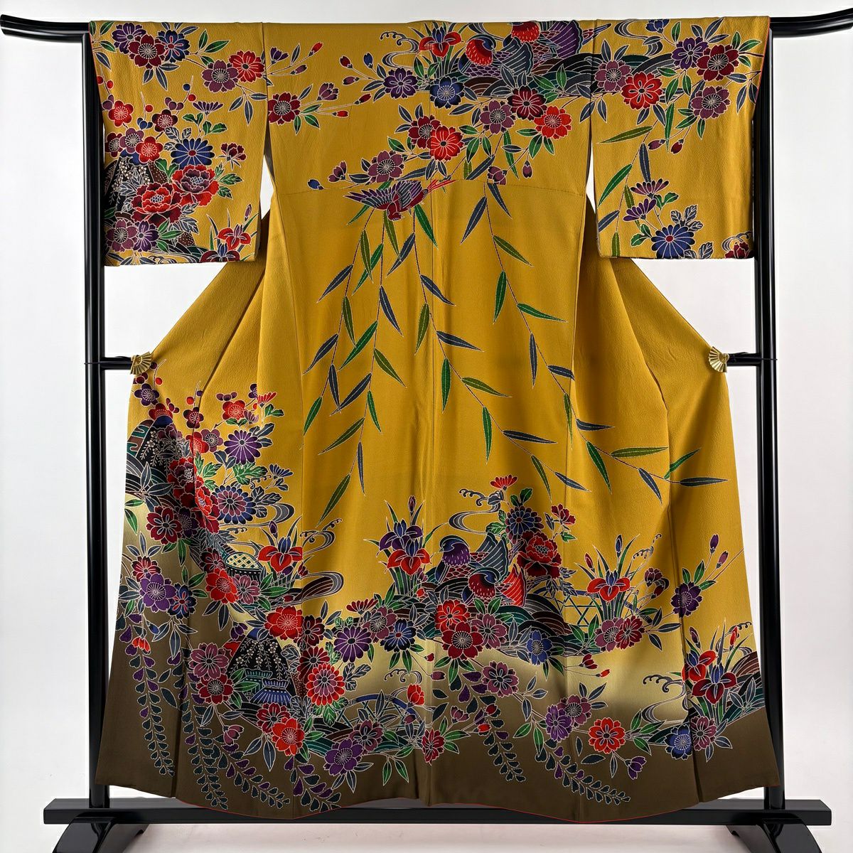 訪問服 身長156cm 袖長65.5cm M 雙層 草花紋紋 家屋 染分 縮緬 山吹茶 純蠶絲 秀品級