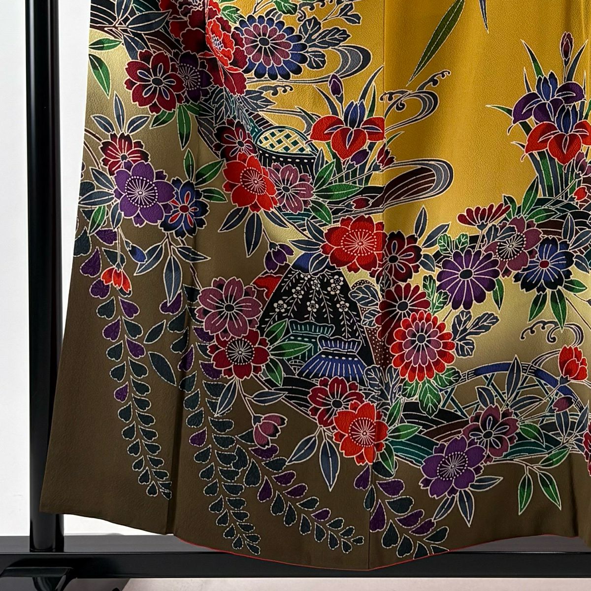 訪問服 身長156cm 袖長65.5cm M 雙層 草花紋紋 家屋 染分 縮緬 山吹茶 純蠶絲 秀品級