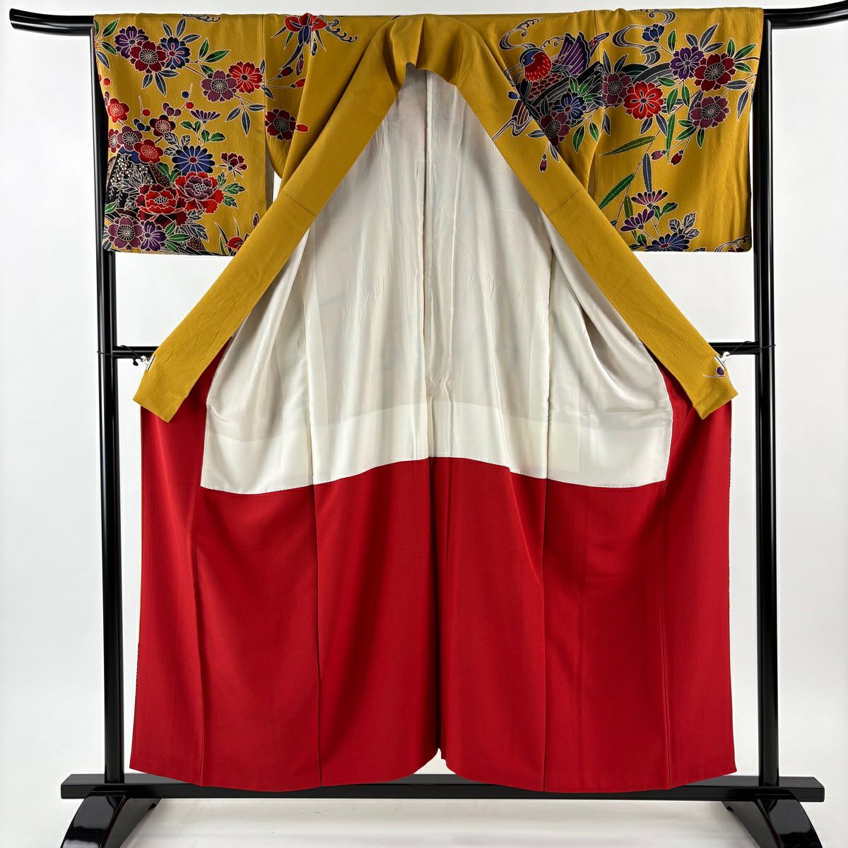 訪問服 身長156cm 袖長65.5cm M 雙層 草花紋紋 家屋 染分 縮緬 山吹茶 純蠶絲 秀品級