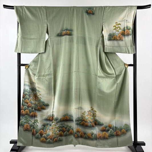 訪問服 身長162.5cm 袖長68cm L 雙層 建物 樹木 金彩裝飾 刺繡 灰綠 純蠶絲 秀品級