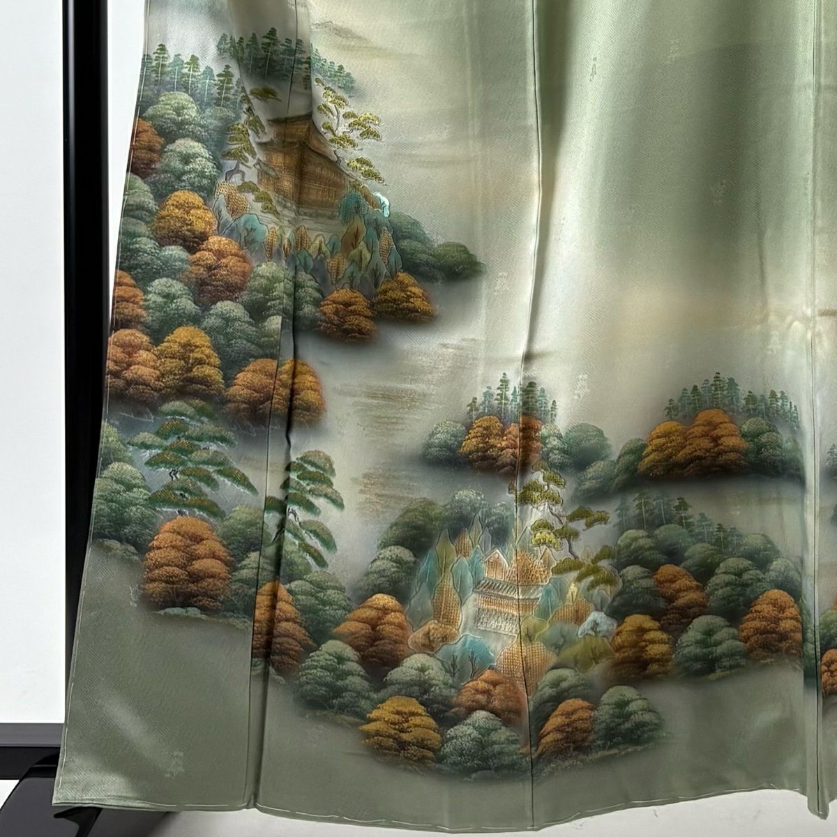 訪問服 身長162.5cm 袖長68cm L 雙層 建物 樹木 金彩裝飾 刺繡 灰綠 純蠶絲 秀品級