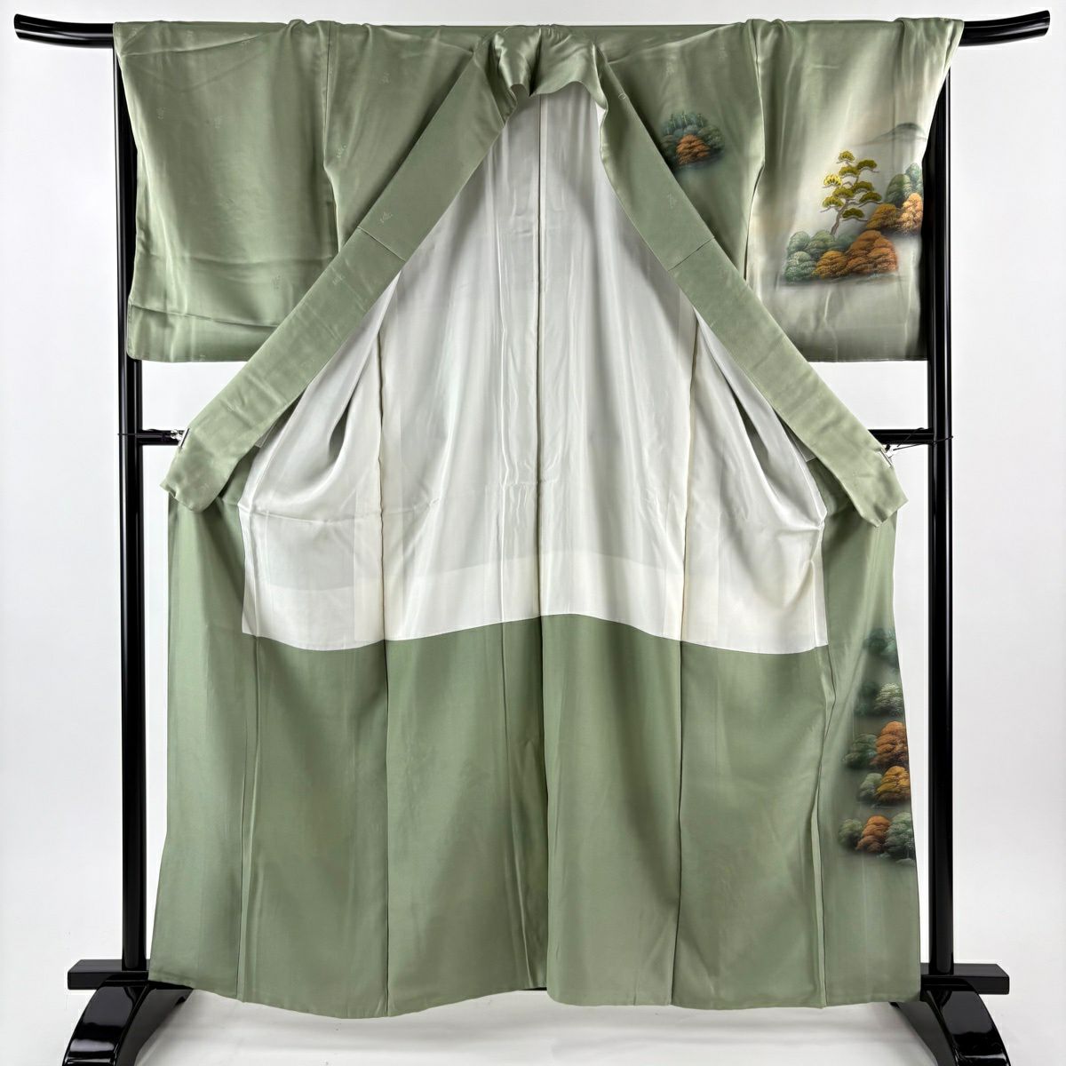 訪問服 身長162.5cm 袖長68cm L 雙層 建物 樹木 金彩裝飾 刺繡 灰綠 純蠶絲 秀品級