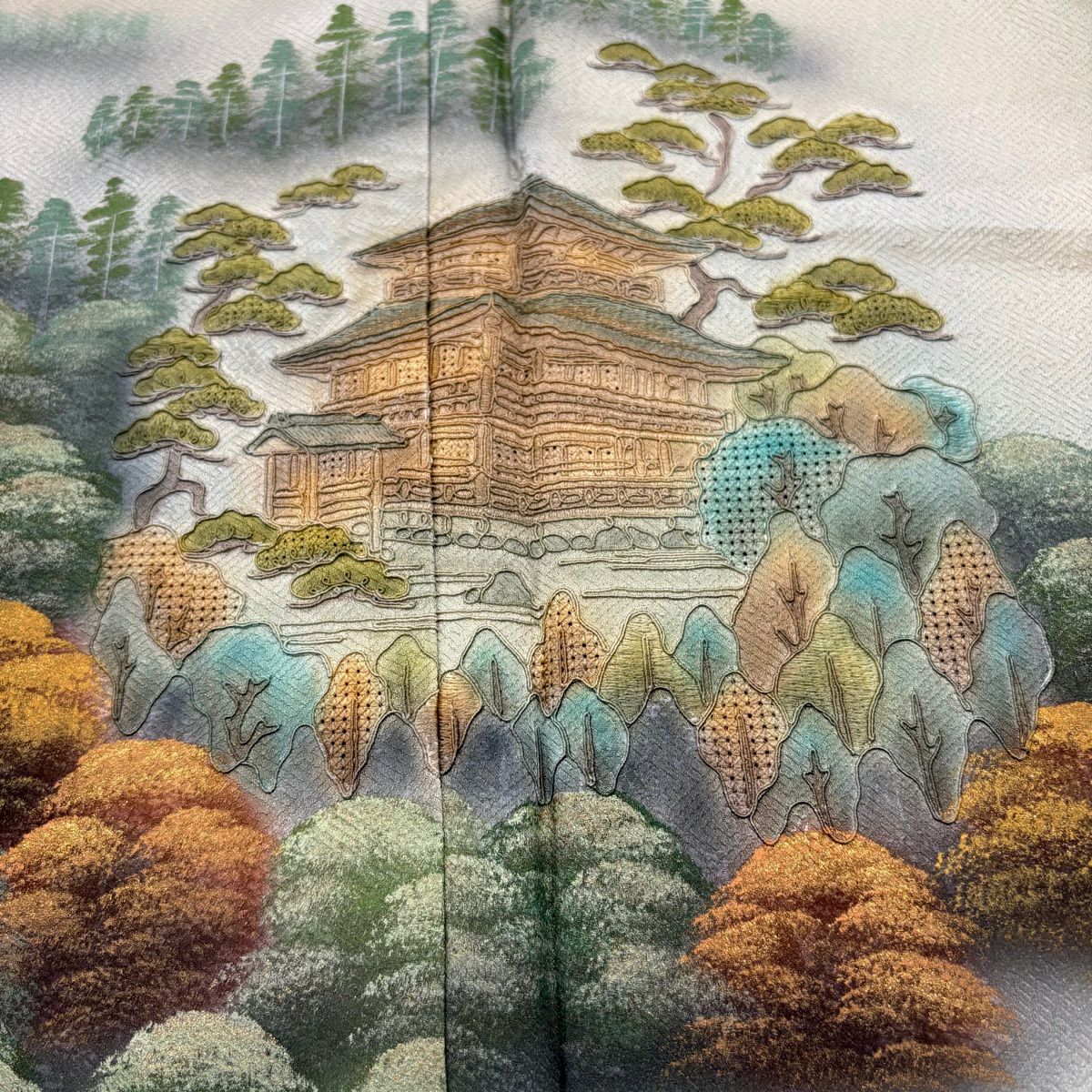 訪問服 身長162.5cm 袖長68cm L 雙層 建物 樹木 金彩裝飾 刺繡 灰綠 純蠶絲 秀品級