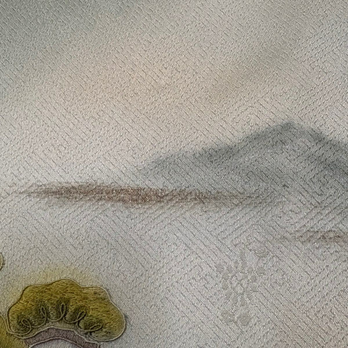 訪問服 身長162.5cm 袖長68cm L 雙層 建物 樹木 金彩裝飾 刺繡 灰綠 純蠶絲 秀品級