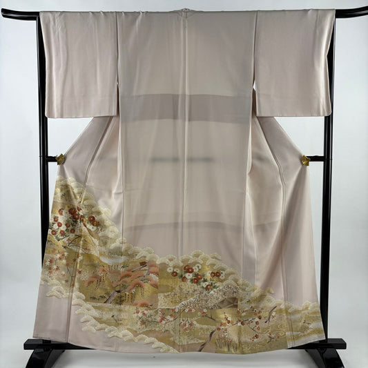 留袖禮服禮服 身長161cm 袖長66cm M 雙層 仙鶴 菊花 金絲 金銀彩 淺粉色 純蠶絲 優品級 一個紋
