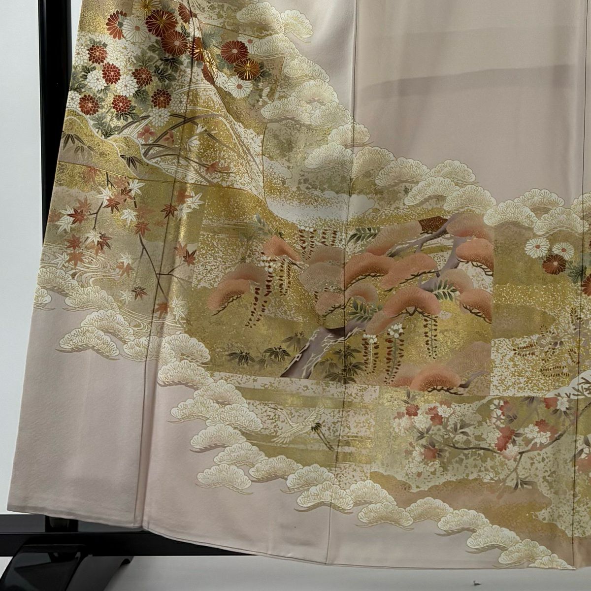 留袖禮服禮服 身長161cm 袖長66cm M 雙層 仙鶴 菊花 金絲 金銀彩 淺粉色 純蠶絲 優品級 一個紋
