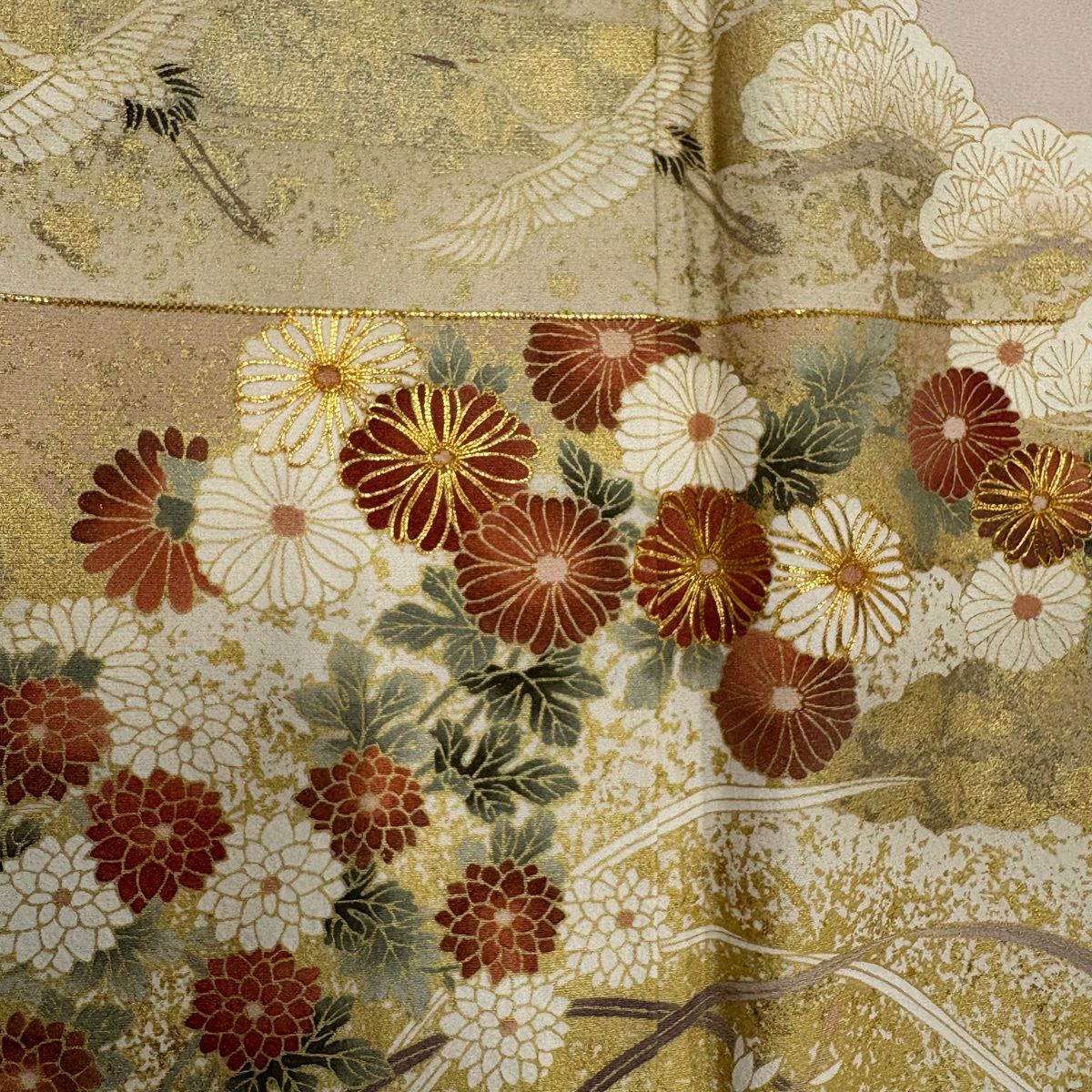 留袖禮服禮服 身長161cm 袖長66cm M 雙層 仙鶴 菊花 金絲 金銀彩 淺粉色 純蠶絲 優品級 一個紋