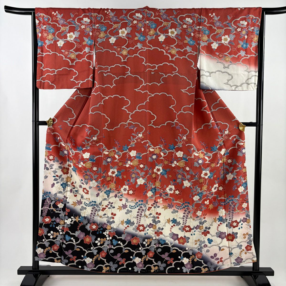【美品】訪問服 身長157.5cm 袖長64.5cm M 雙層 草花紋紋 雲文 金彩裝飾 染分 茜 純蠶絲 秀品級