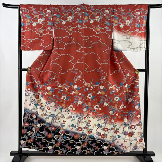 【美品】訪問服 身長157.5cm 袖長64.5cm M 雙層 草花紋紋 雲文 金彩裝飾 染分 茜 純蠶絲 秀品級