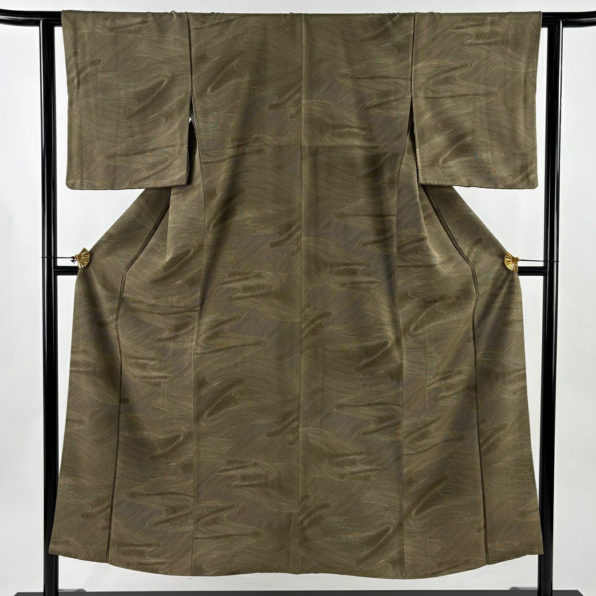小紋 身長150cm 袖長62cm S 雙層 波 茶綠 純蠶絲 秀品級