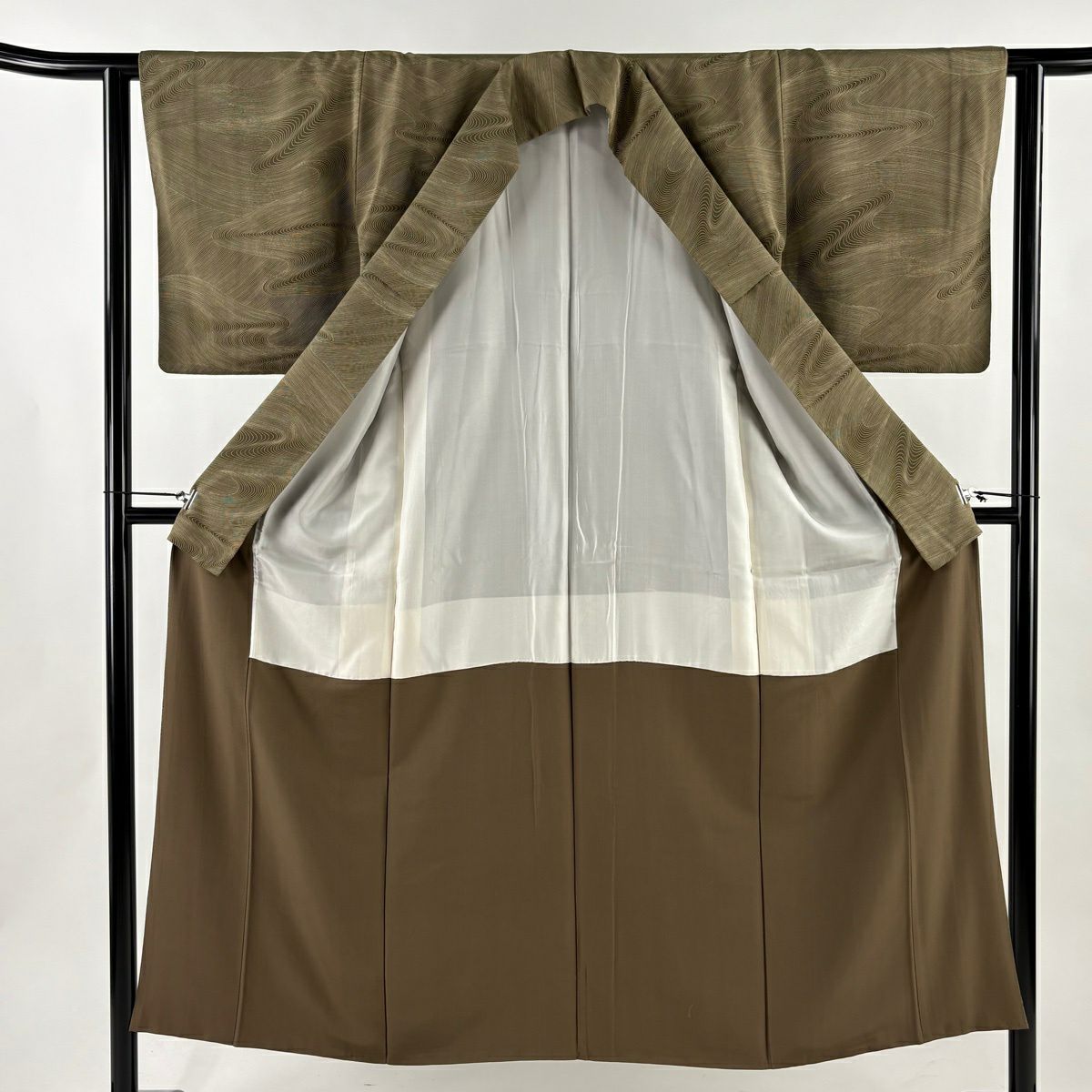 小紋 身長150cm 袖長62cm S 雙層 波 茶綠 純蠶絲 秀品級