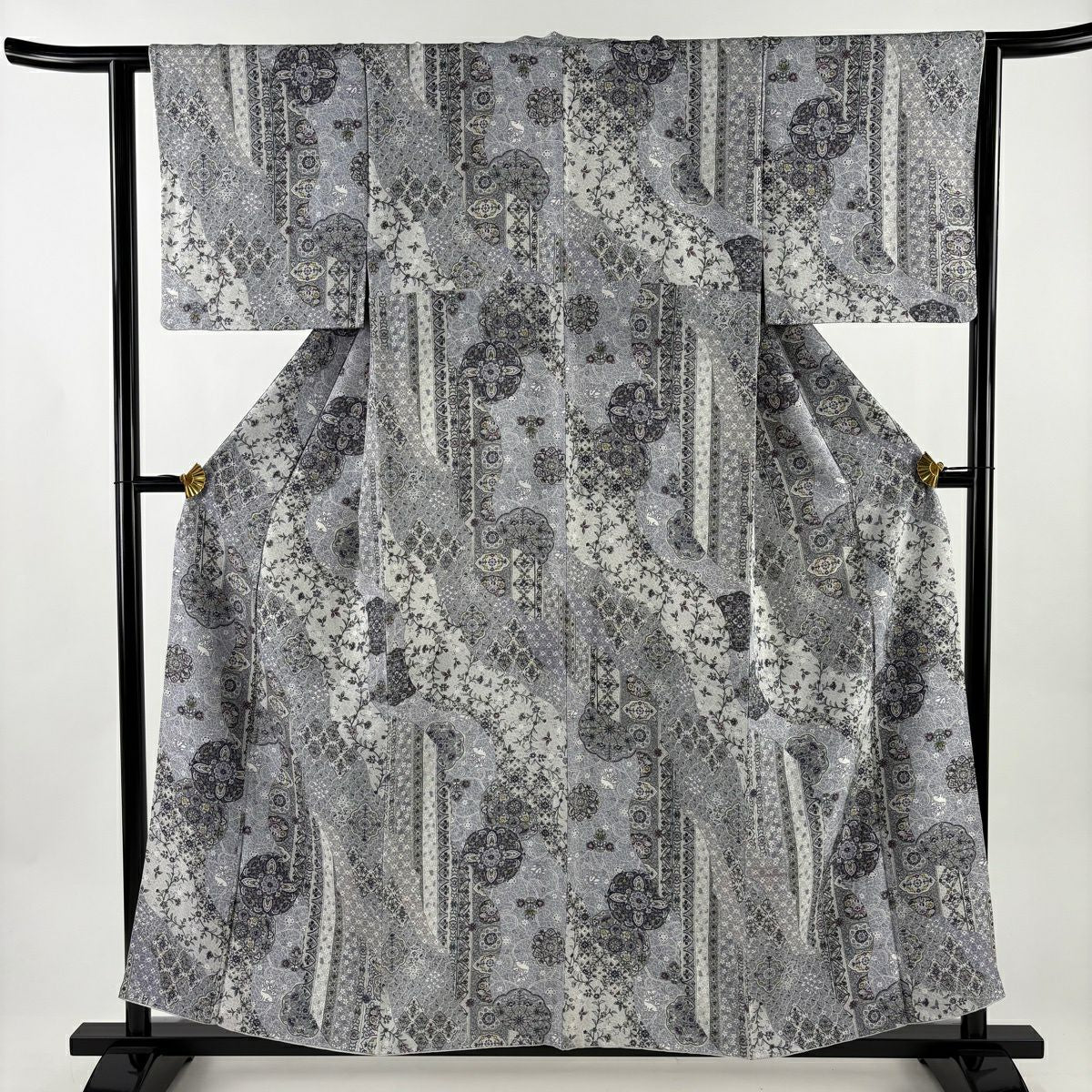 【美品】 小紋 身長157cm 袖長62cm S 雙層 華紋 寄せ柄 青灰 純蠶絲 秀品級