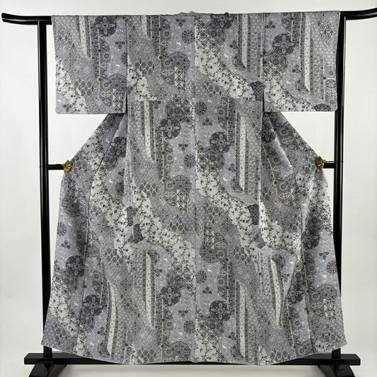 【美品】 小紋 身長157cm 袖長62cm S 雙層 華紋 寄せ柄 青灰 純蠶絲 秀品級