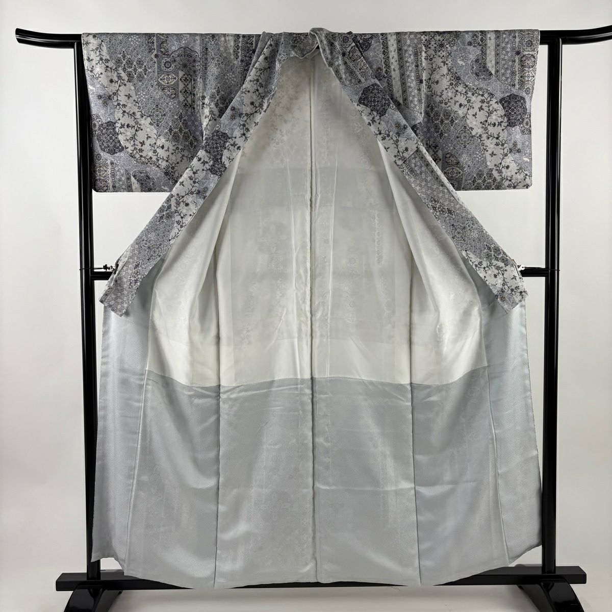 【美品】 小紋 身長157cm 袖長62cm S 雙層 華紋 寄せ柄 青灰 純蠶絲 秀品級