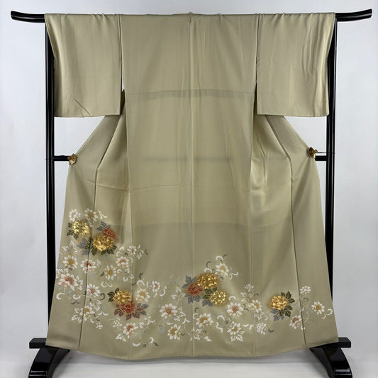 色留袖禮服 身長164cm 袖長67cm M 雙層 牡丹 金絲 金銀彩 米色 純蠶絲 秀品級 一個紋