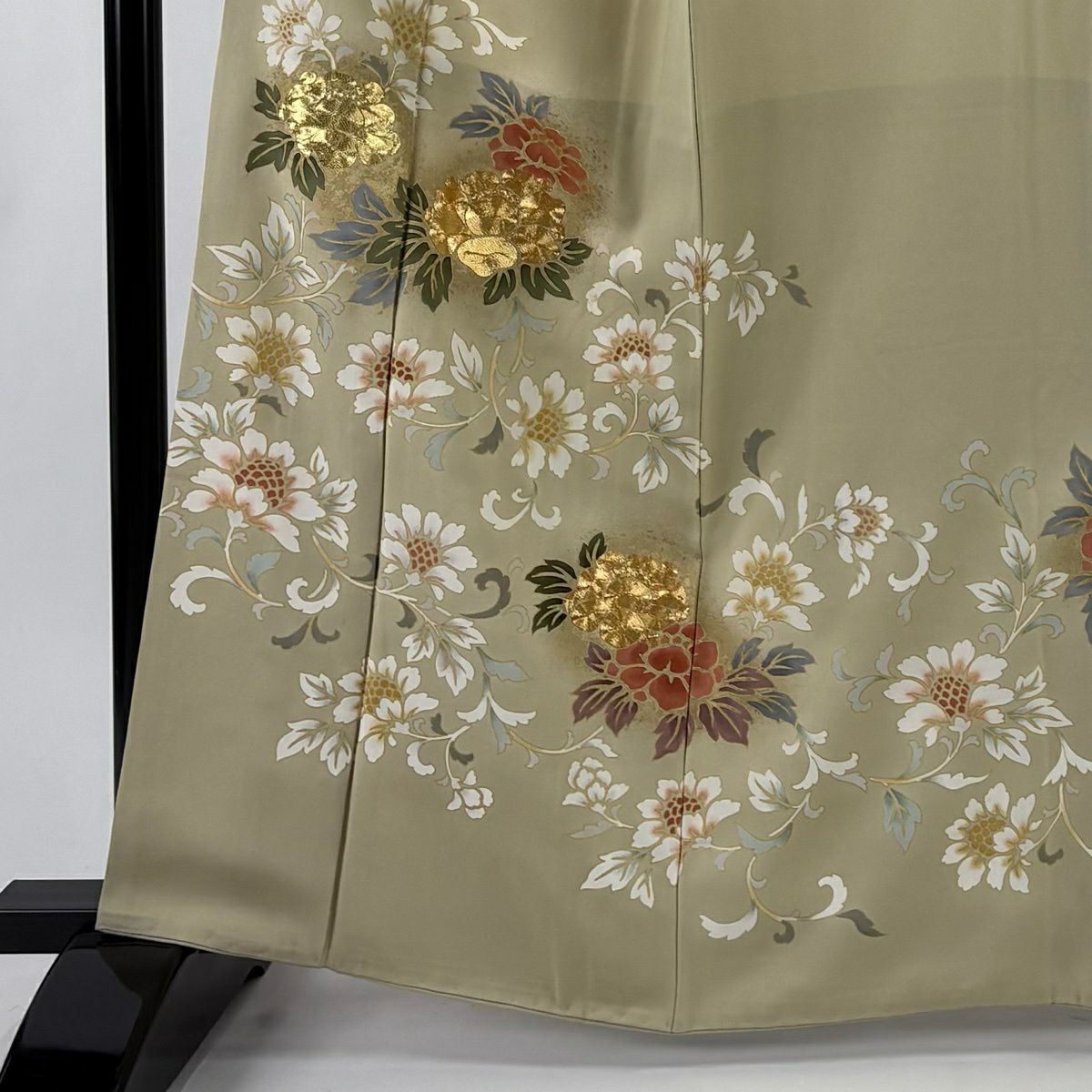 色留袖禮服 身長164cm 袖長67cm M 雙層 牡丹 金絲 金銀彩 米色 純蠶絲 秀品級 一個紋