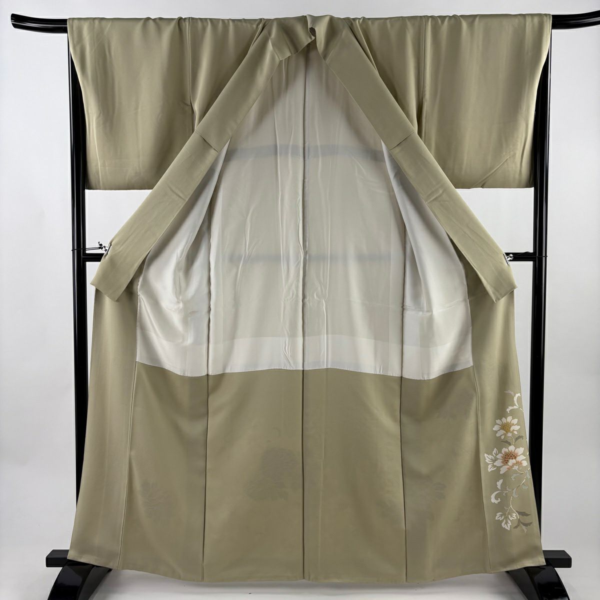 色留袖禮服 身長164cm 袖長67cm M 雙層 牡丹 金絲 金銀彩 米色 純蠶絲 秀品級 一個紋