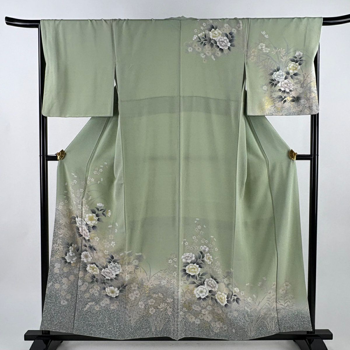 訪問服 身長157.5cm 袖長67cm M 雙層 牡丹 菊花 金銀彩 漸層 淺綠 純蠶絲 優品級