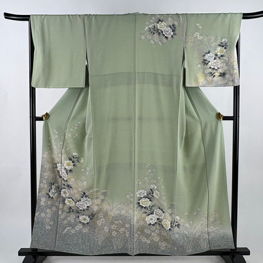 訪問服 身長157.5cm 袖長67cm M 雙層 牡丹 菊花 金銀彩 漸層 淺綠 純蠶絲 優品級