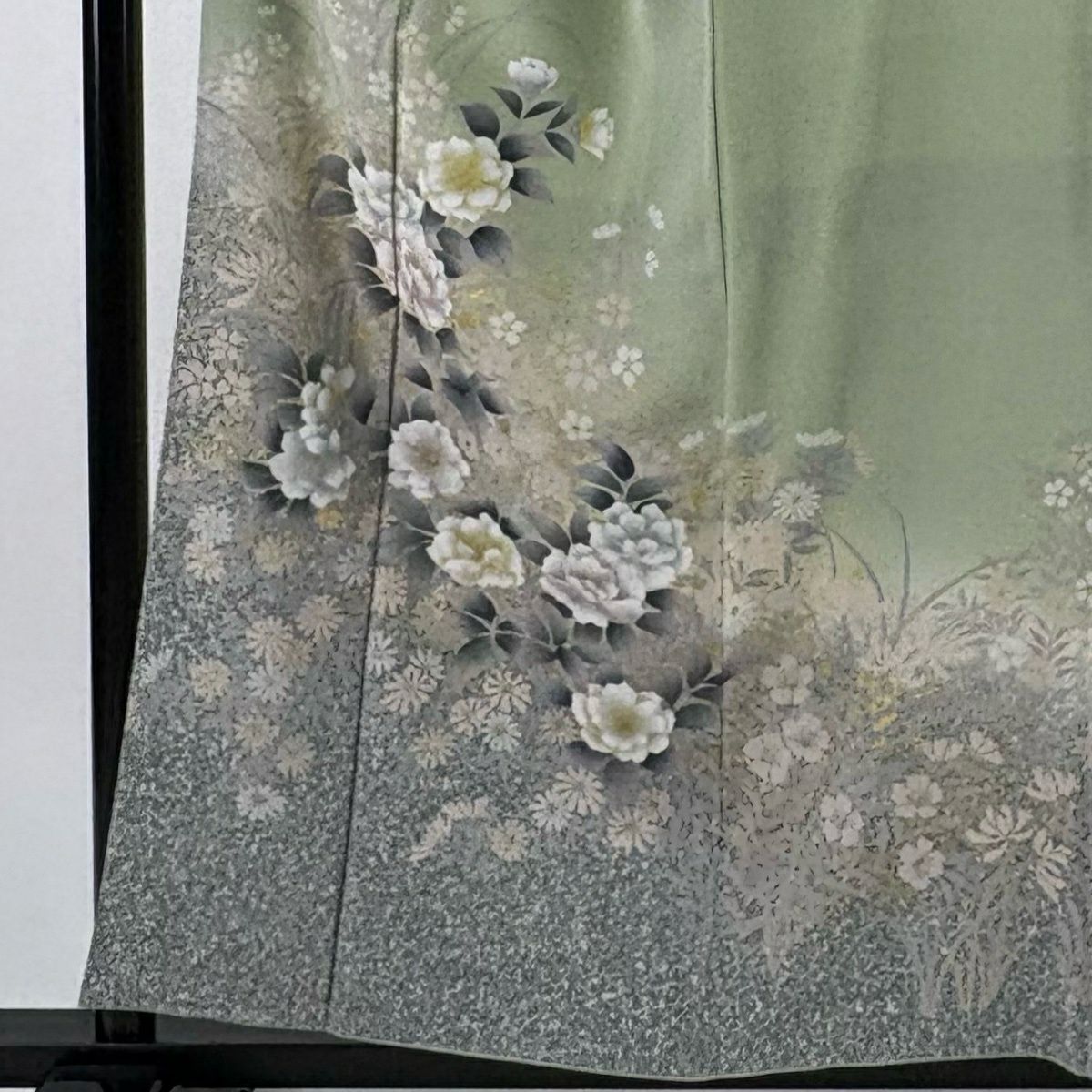 訪問服 身長157.5cm 袖長67cm M 雙層 牡丹 菊花 金銀彩 漸層 淺綠 純蠶絲 優品級