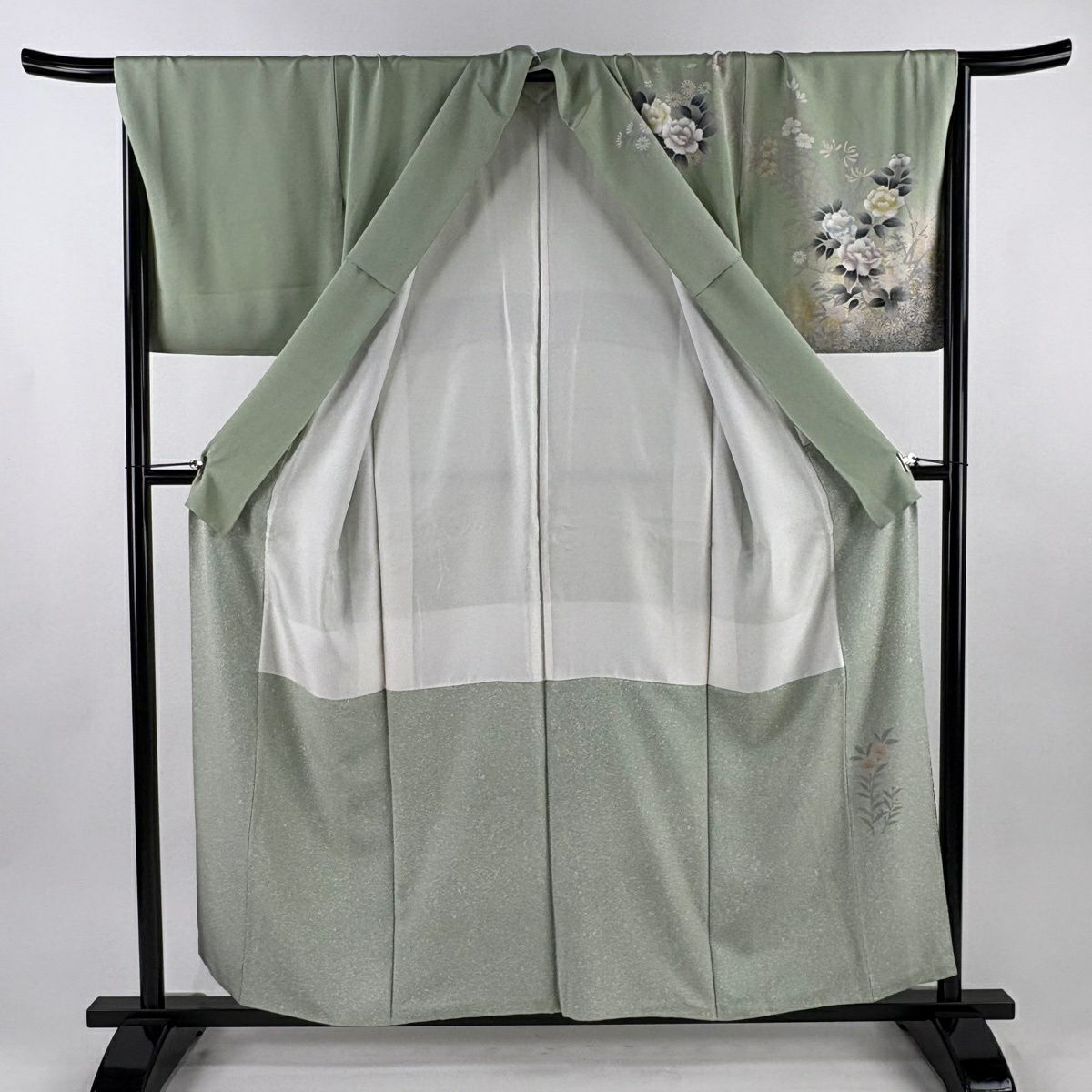 訪問服 身長157.5cm 袖長67cm M 雙層 牡丹 菊花 金銀彩 漸層 淺綠 純蠶絲 優品級