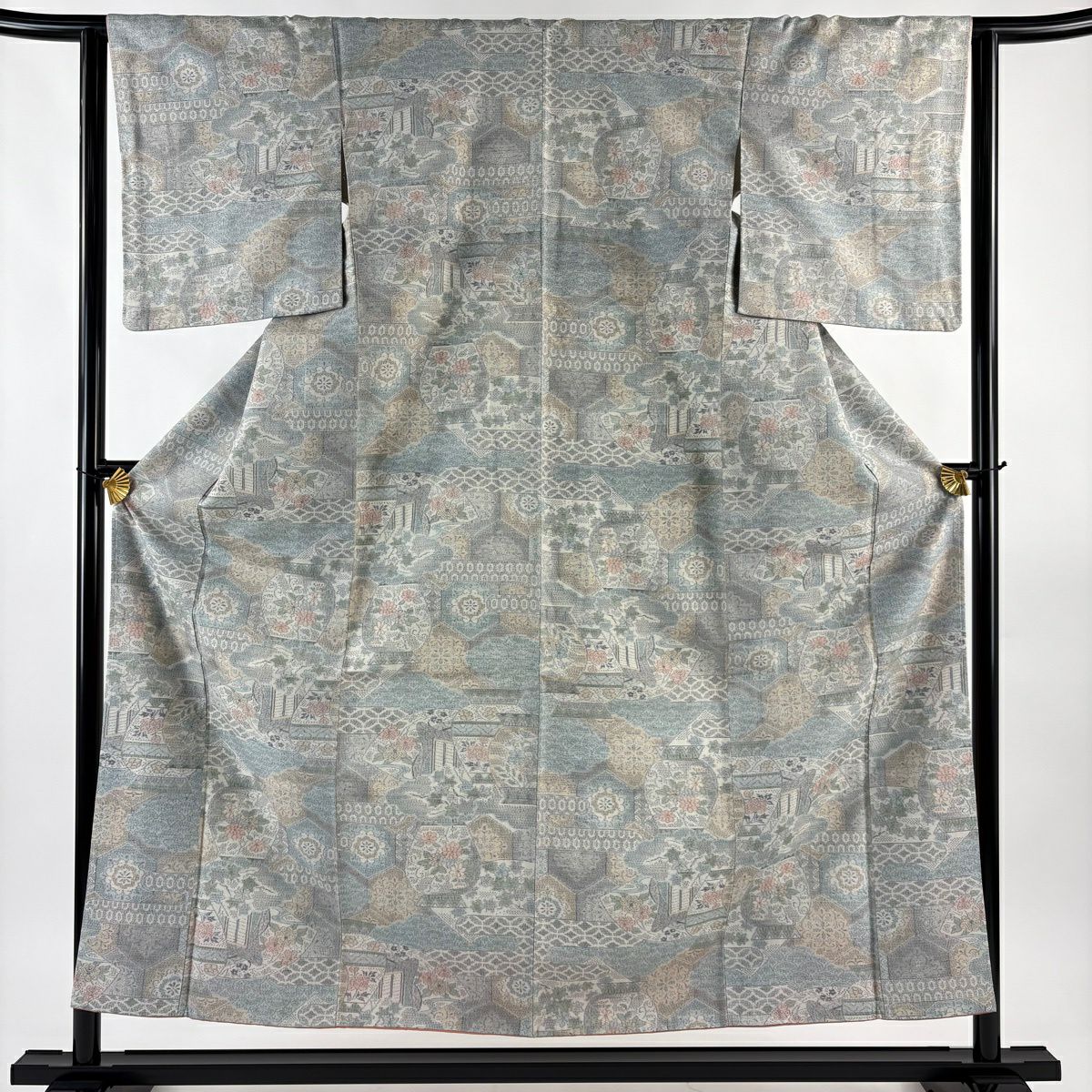 【美品】紬織 身長155cm 袖長62.5cm S 雙層 大和 證書附帶 草花紋 深藍海波 青灰色 純蠶絲 秀品級