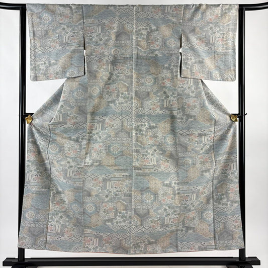 【美品】紬織 身長155cm 袖長62.5cm S 雙層 大和 證書附帶 草花紋 深藍海波 青灰色 純蠶絲 秀品級