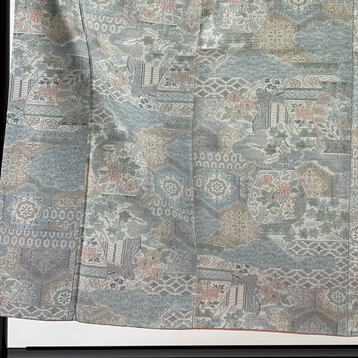 【美品】紬織 身長155cm 袖長62.5cm S 雙層 大和 證書附帶 草花紋 深藍海波 青灰色 純蠶絲 秀品級