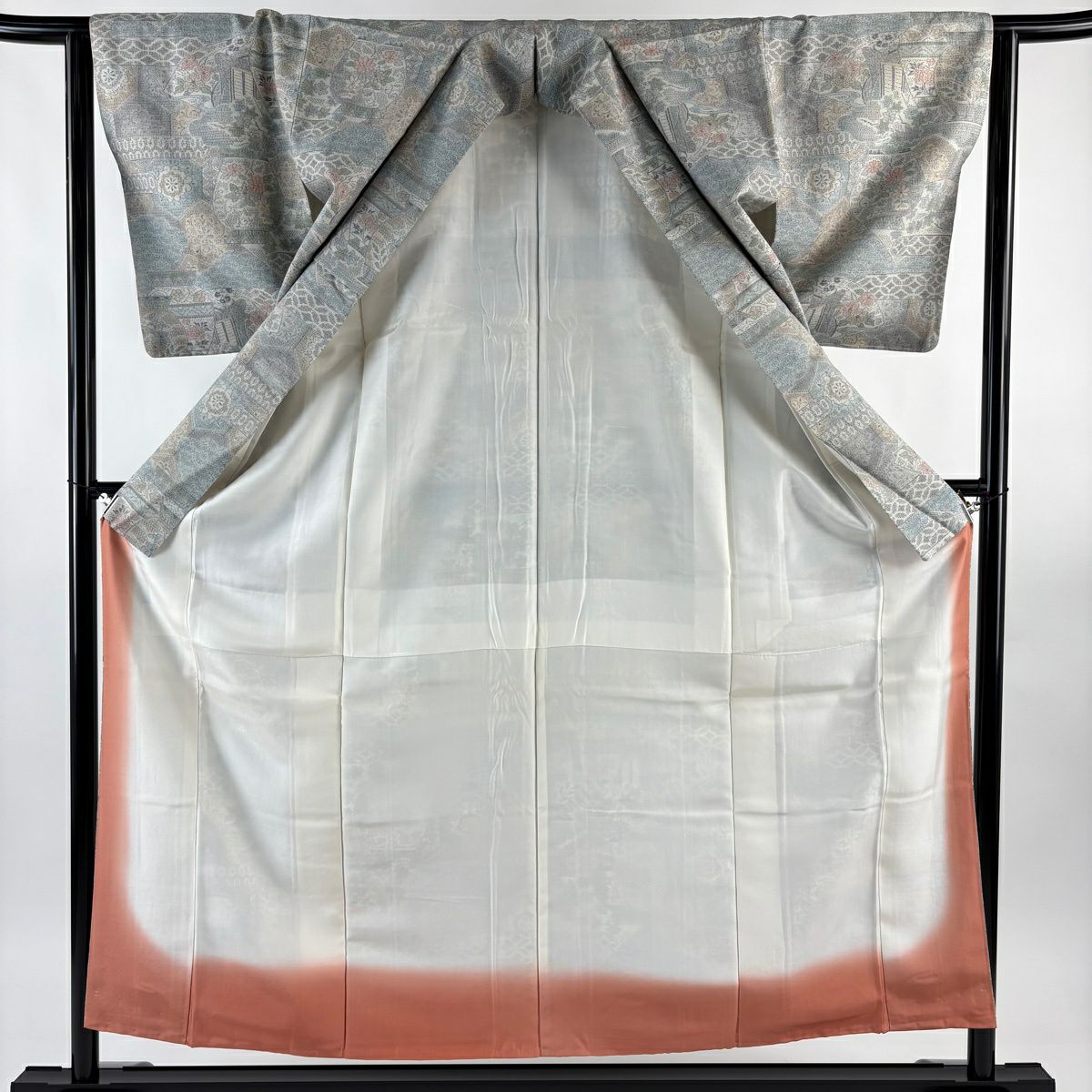 【美品】紬織 身長155cm 袖長62.5cm S 雙層 大和 證書附帶 草花紋 深藍海波 青灰色 純蠶絲 秀品級