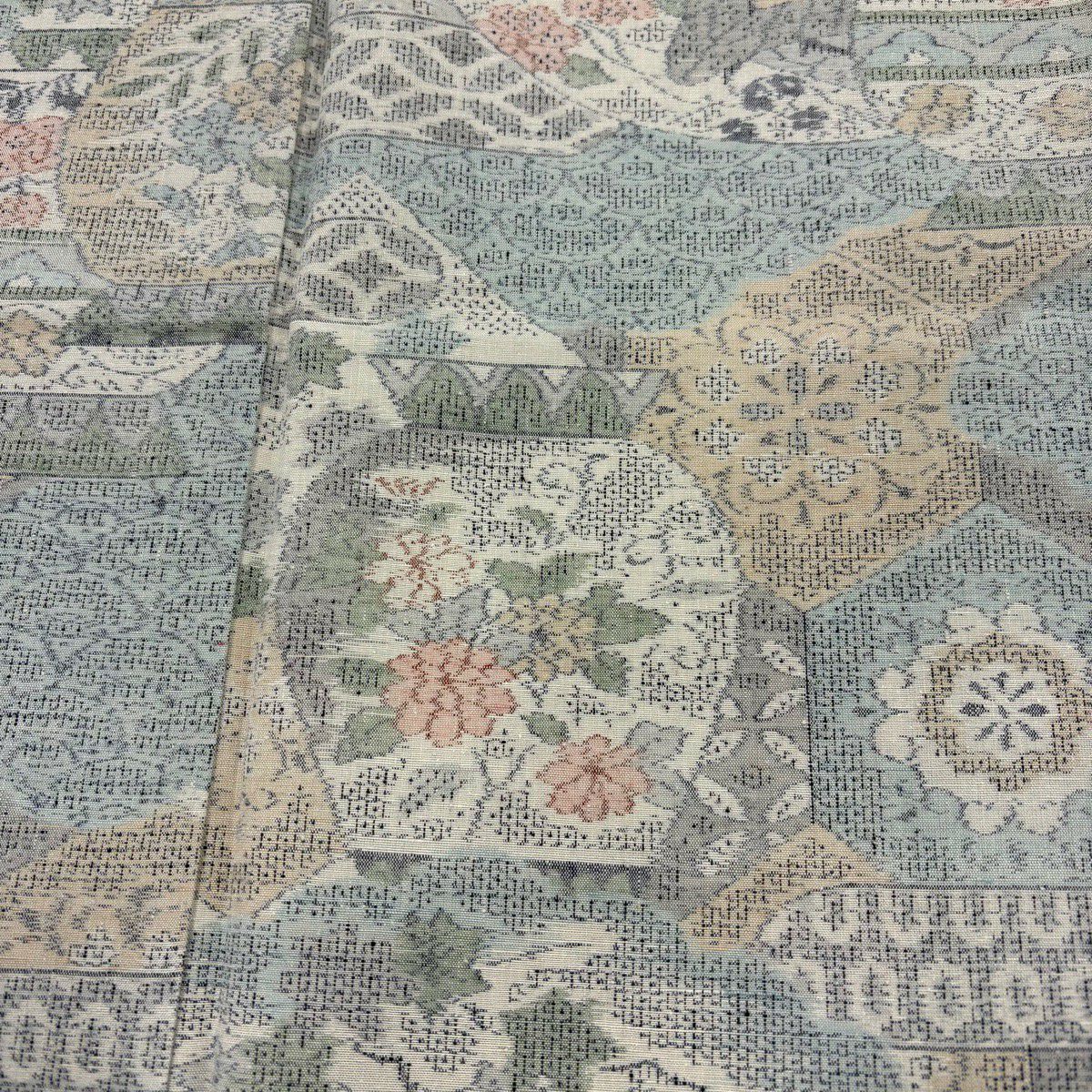 【美品】紬織 身長155cm 袖長62.5cm S 雙層 大和 證書附帶 草花紋 深藍海波 青灰色 純蠶絲 秀品級