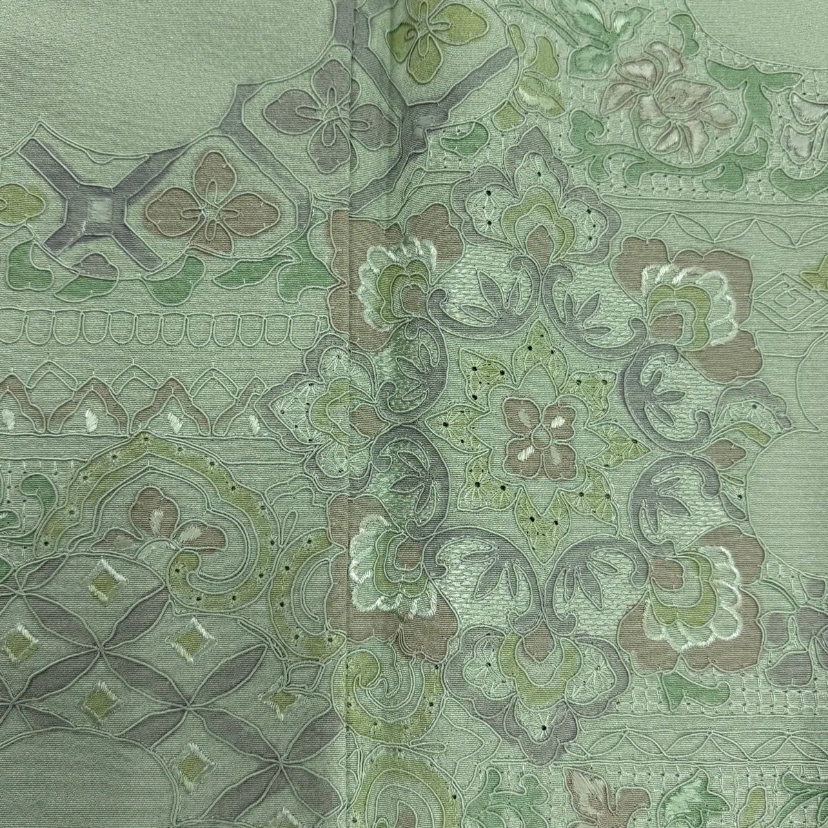 【美品】付下 身長161cm 袖長65cm M 雙層 華紋 蜀江文 刺繡 淺綠 純蠶絲 秀品級